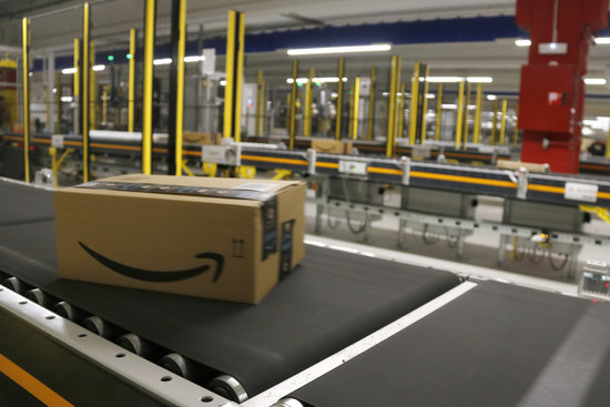 An Amazon package being sorted in the company's logistics center in El Prat