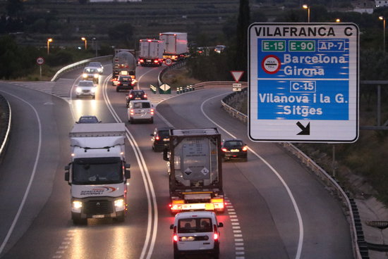 Several trucks driving on Catalonia's N-340 road between Vilafranca del Penedès and Santa Margarida i els Monjos on October 10, 2019