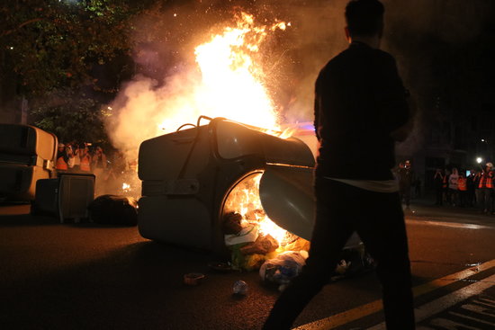 Burning containers in the center of Barcelona in 2019, after pro-independence leaders were jailed.