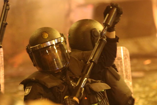 Spanish riot police at a protest in Barcelona in 2019 against the rulings against the independence referendum organizers