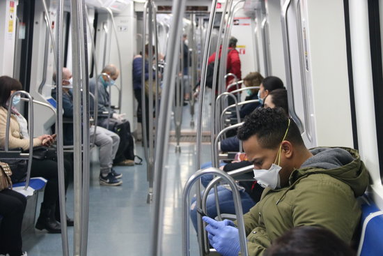 Interior of a Barcelona metro car on the first day Spain lifted the nationwide Covid-19 lockdown, April 14, 2020