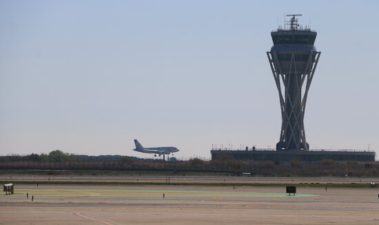 A plane landing in Barcelona airport on March 24, 2021