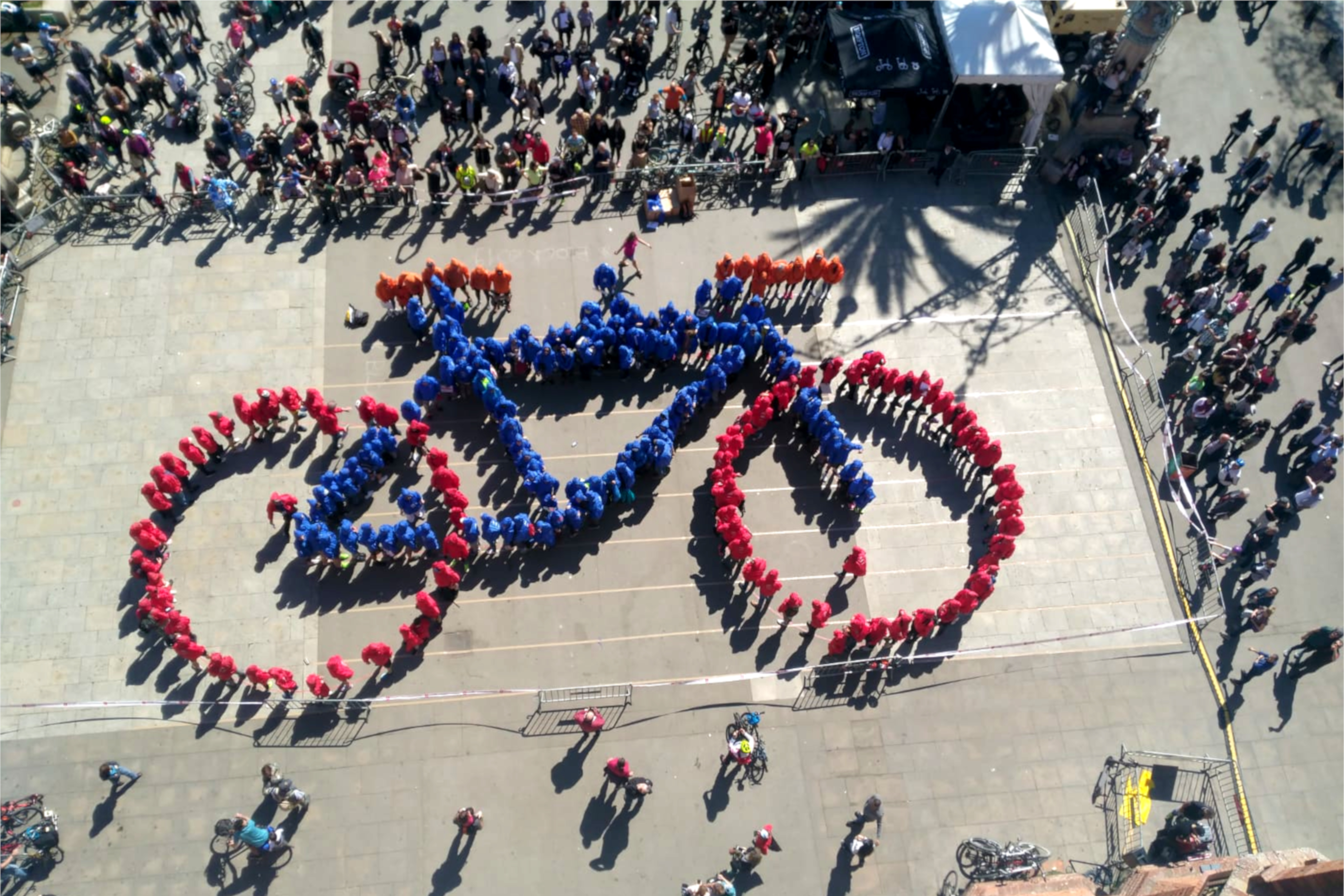 Aerial shot of the human mosaic for a previous edition of Barcelona's Bike Festival