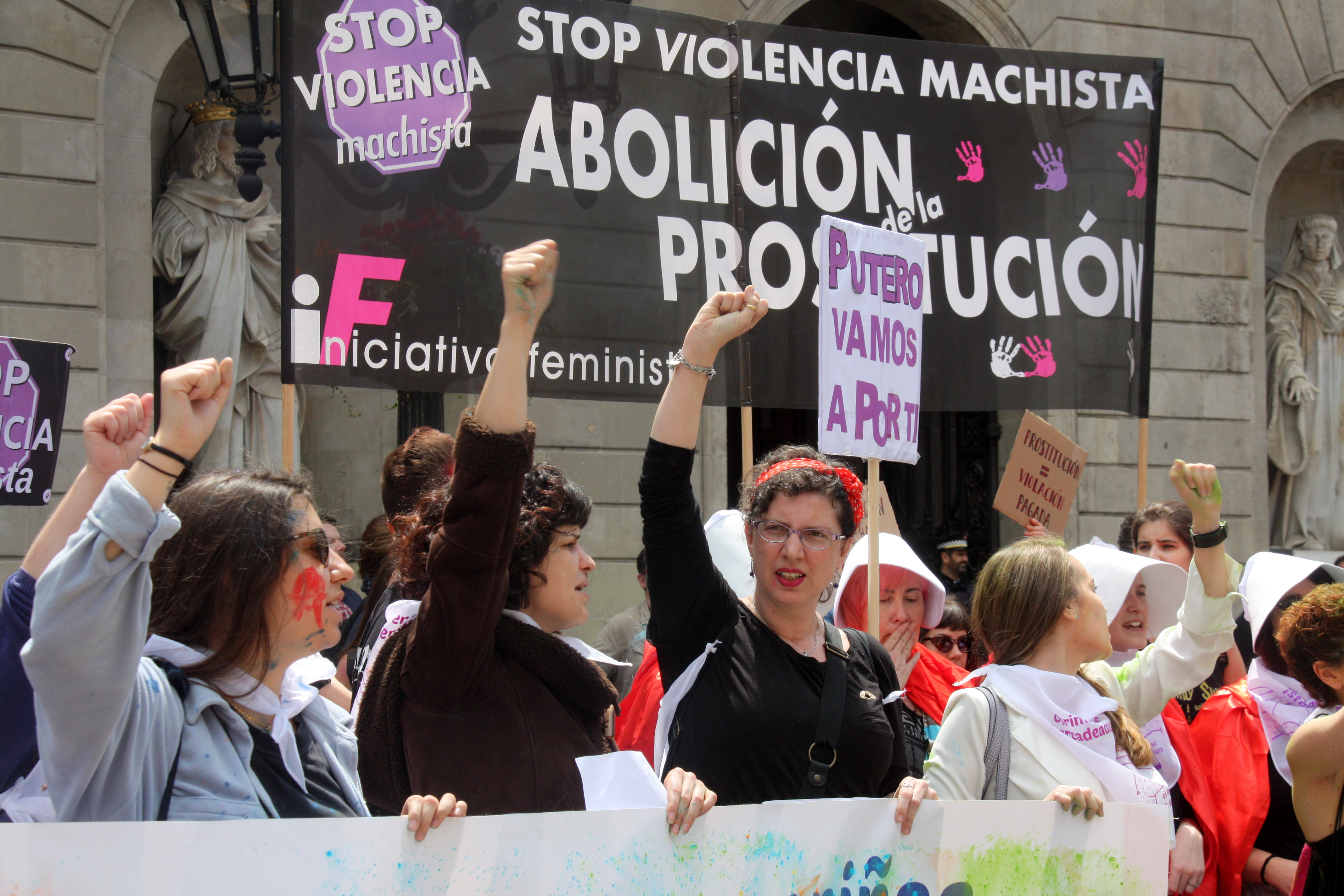 A group of women demonstrates in Barcelona's Plaça Sant Jaume on May 11, 2019 in favor of abolishing prostitution