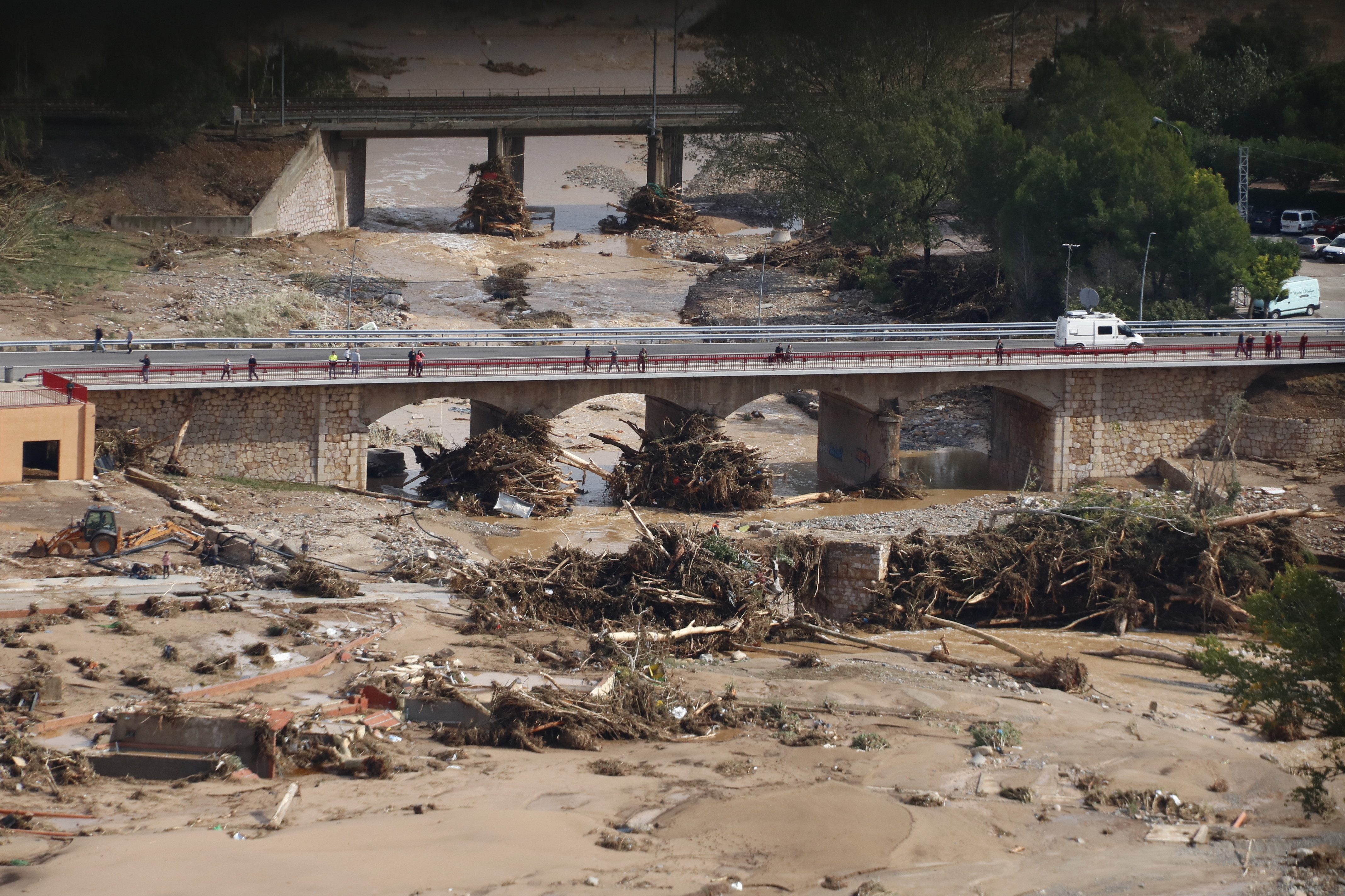 Aerial image of the aftermath after huge flooding of the Francolí river in Montblanc on October 23, 2019