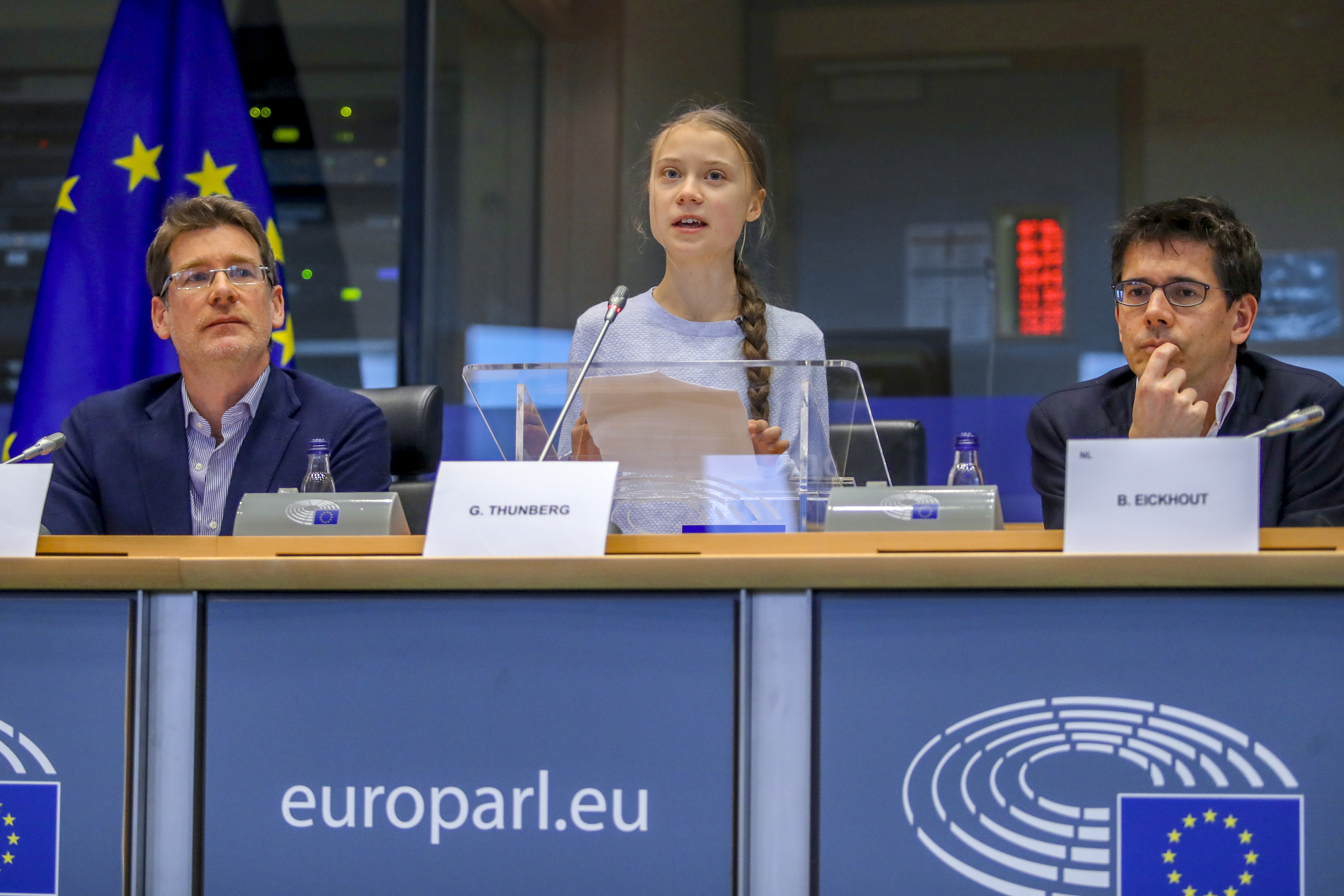 Swedish environmental activist Greta Thunberg giving a speech in the European Parliament on March 4, 2020
