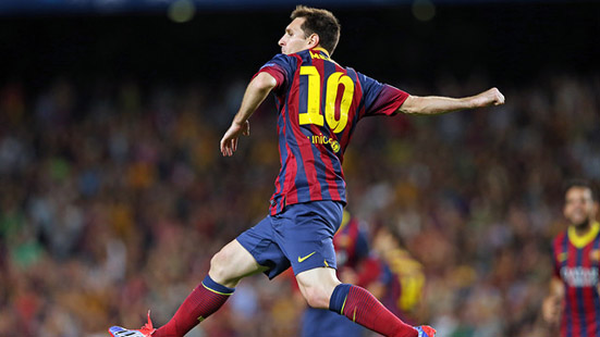Messi celebrating one of his three goals against Ajax (by FC Barcelona)