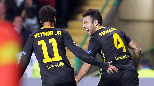 Cesc Fàbregas celebrating his goal against Celtic with Neymar (by FC Barcelona)