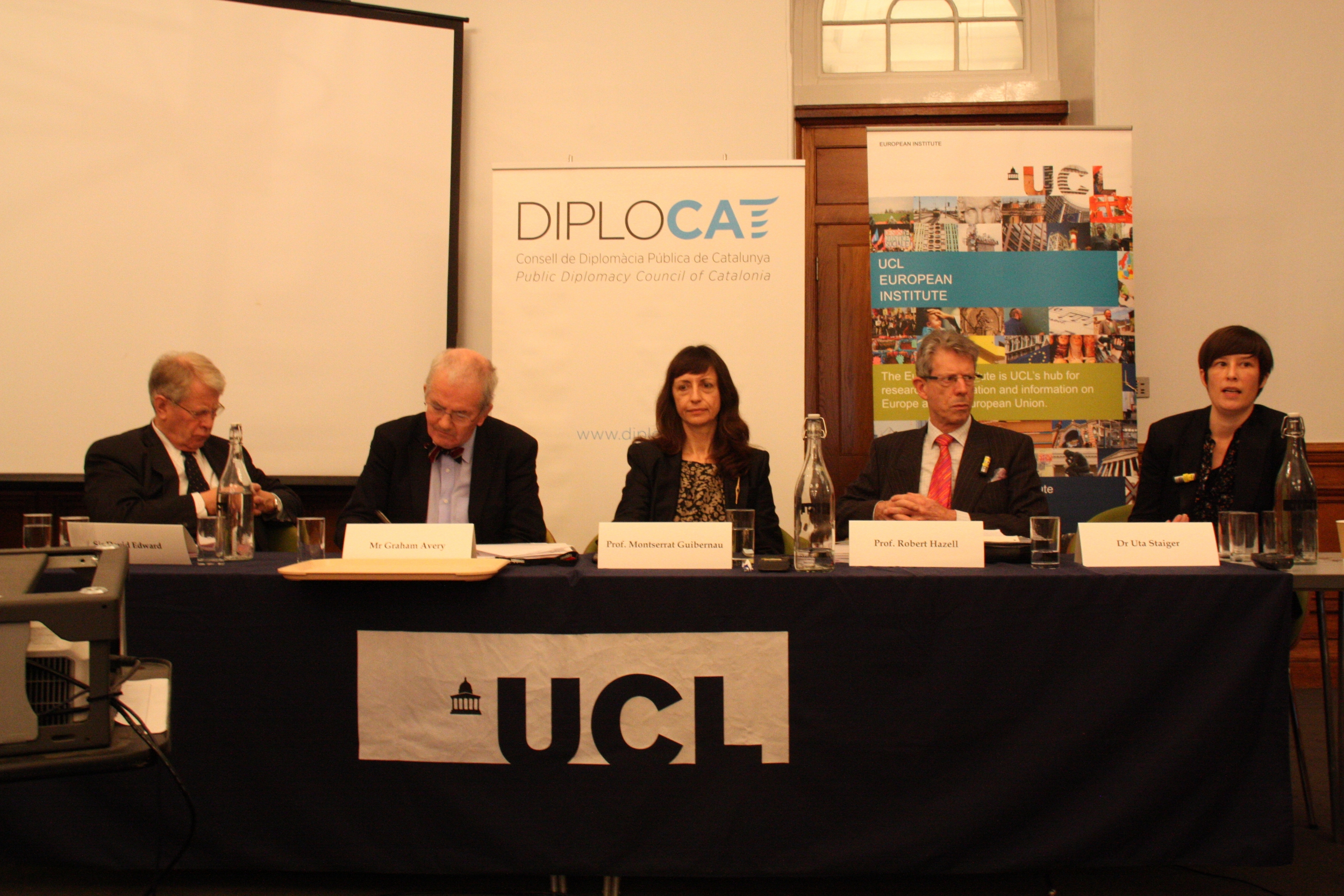 The conference at the UCL. From left to righ: Sir David Edward, Graham Avery, Montserrat Guibernau, Robert Hazell and Uta Staiger (by ACN)