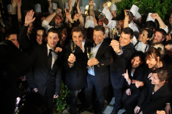 The Roca brothers celebrating with their staff that El Celler de Can Roca was named the world's best restaurant (by ACN)