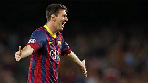 Leo Messi celebrating a goal against Ajax Amsterdam (by FC Barcelona)