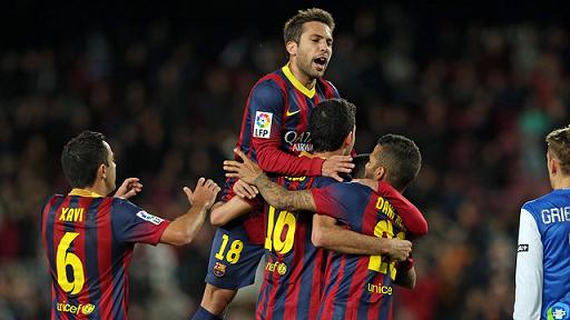 Barça players celebrate Busquets' goal against Real Sociedad (by FC Barcelona)