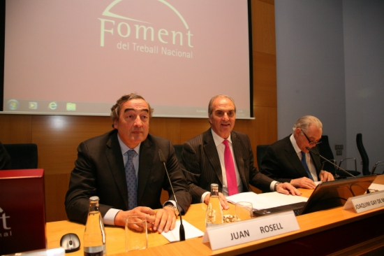 Juan Rosell (left) and Joaquim Gay de Montellà (centre) this Monday (by Foment)