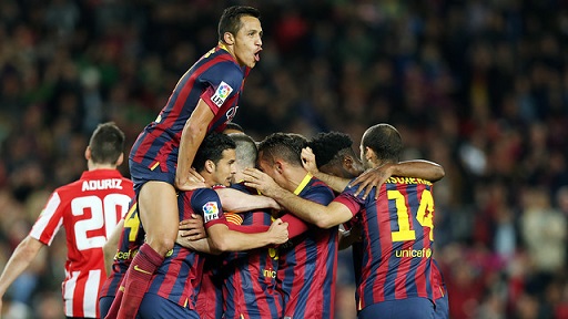 Barça players celebrating a goal against Athletic Bilbao (by FC Barcelona)