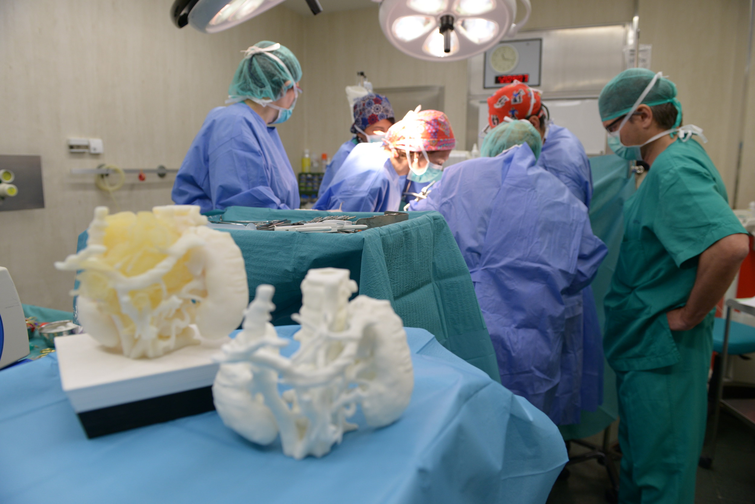  The team of surgeons at the Sant Joan de Déu Hospital with the two 3D models