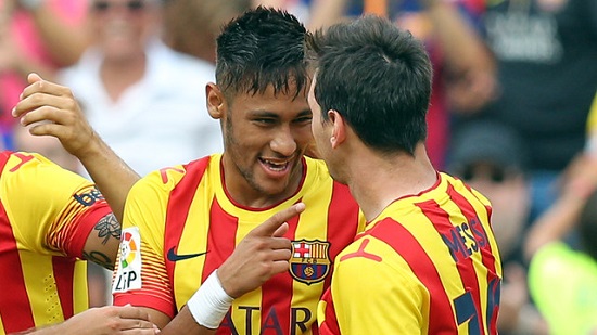 Neymar and Messi, wearing Barça's Catalan flag shirt, this last weekend against Bilbao (by FC Barcelona)
