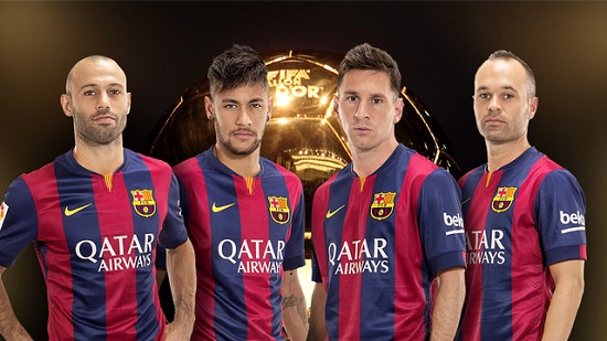 From left to right: Macherano, Neymar, Messi and Iniesta (by FC Barcelona)