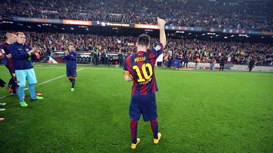 Leo Messi celebrating his record as La Liga's all-time top scorer (by FC Barcelona)