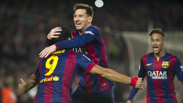 Suárez, Messi and Neymar celebrating Barça's second goal after Atlético Madrid at the Spanish League (by FC Barcelona)