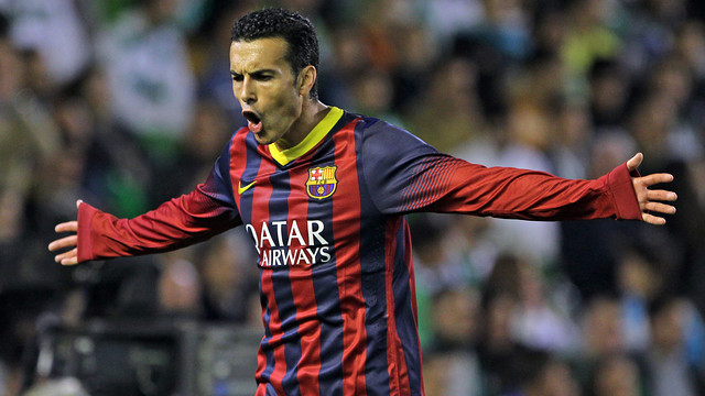 Pedro celebrating one of his greatest goal with FC Barcelona against Betis in 2013 (by FC Barcelona)