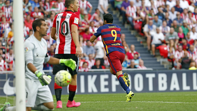 FC Barcelona striker Luis Suárez celebrates his second half goal against Athletic Club on Sunday (by Miguel Ruiz, FCB)