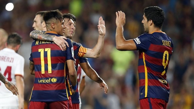 Neymar, Messi and Luís Suárez at the 2015 Joan Gamper Trophy game against AS Roma (by FC Barcelona)