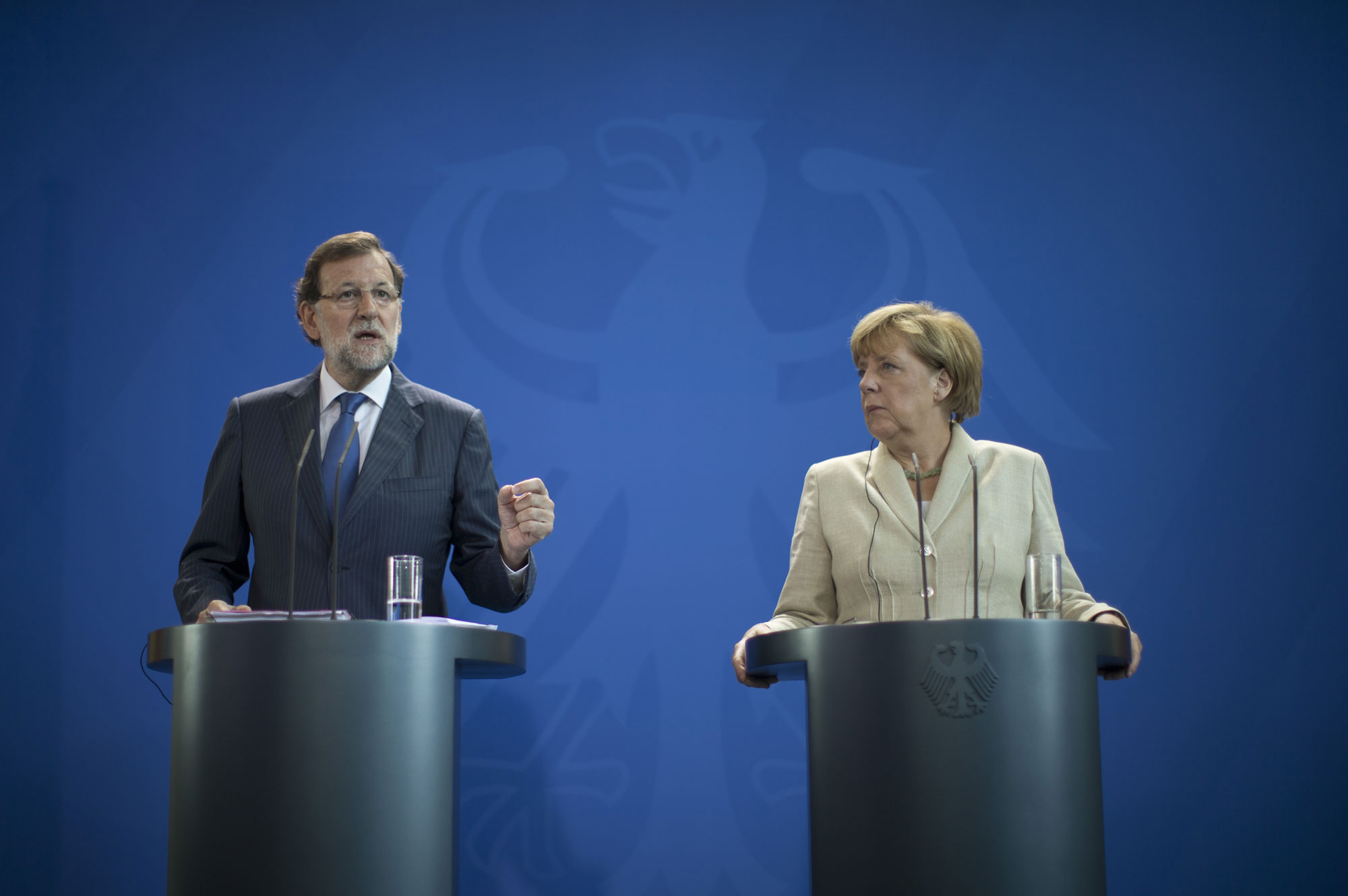 Spanish President Mariano Rajoy and German Chancellor Angela Merkel during their bilateral summit on Tuesday