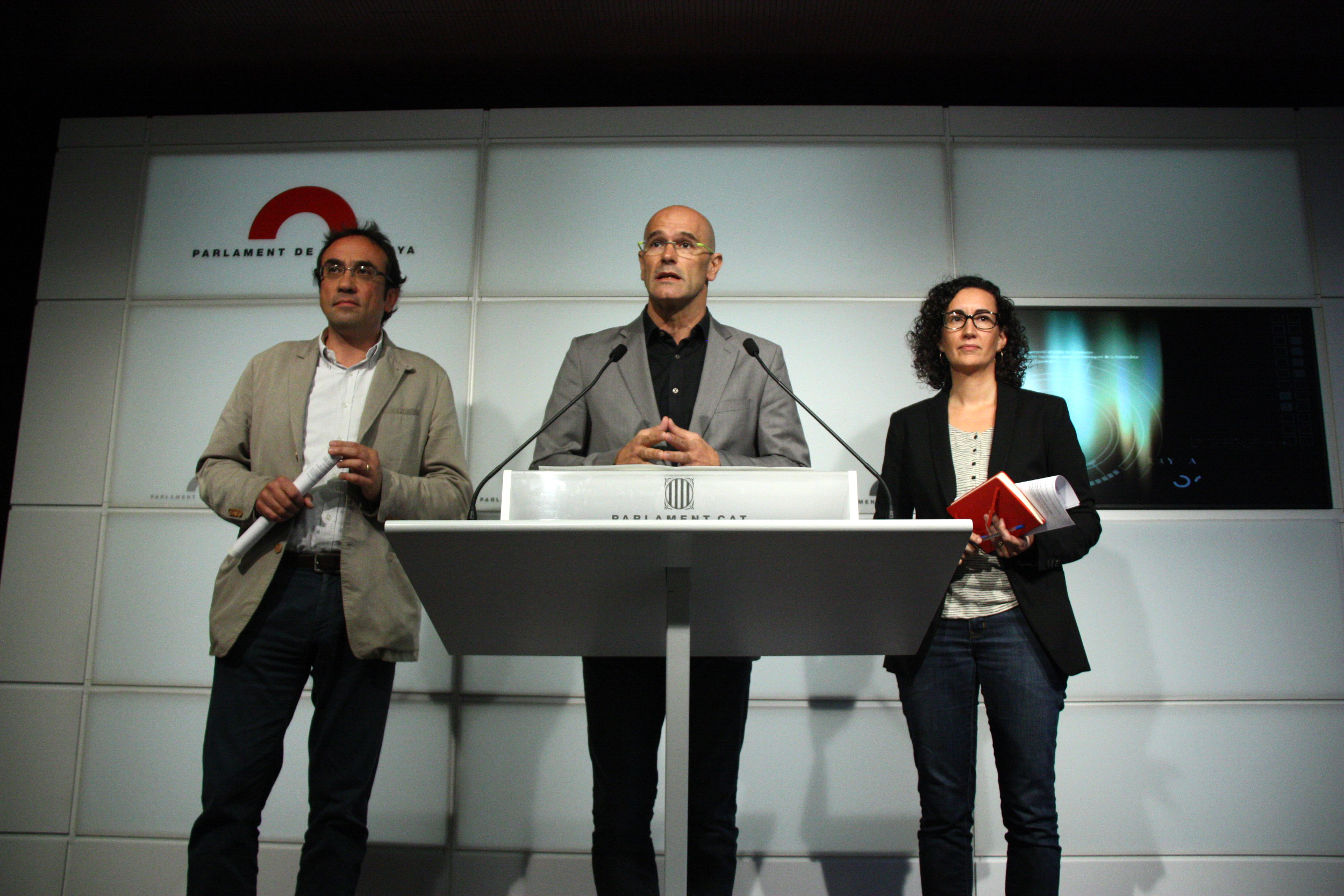 Josep Rull, Raül Romeva and Marta Rovira, from pro-independence cross-party list 'Junts Pel Sí'