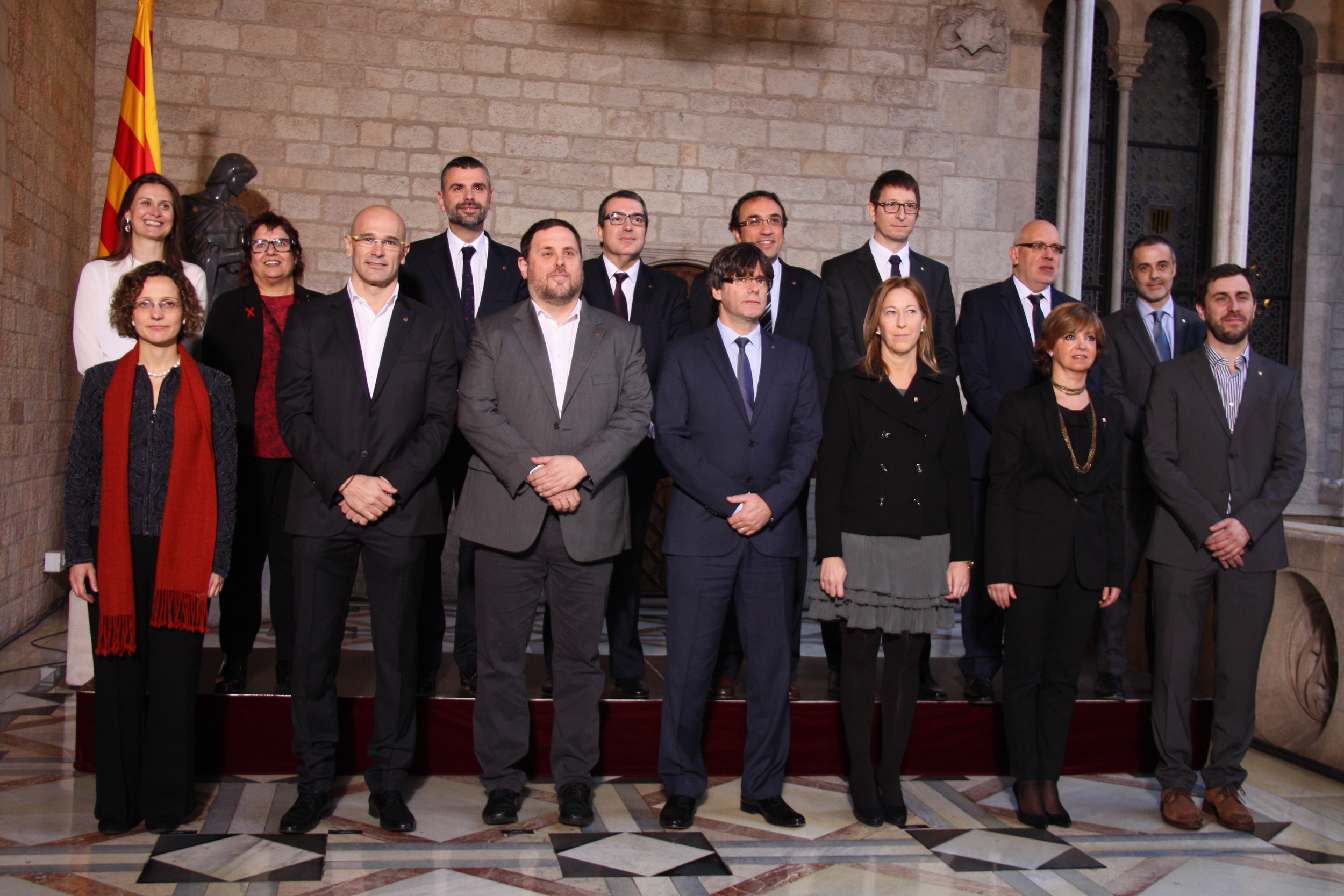 Image of the new Catalan Government, constituted today, with President Carles Puigdemont, Vice President and Catalan Minister for Economy, Oriol Junqueras, Catalan Minister for Presidency, Neus Munté and Catalan Minister for Foreign Affairs, Raül Romeva (