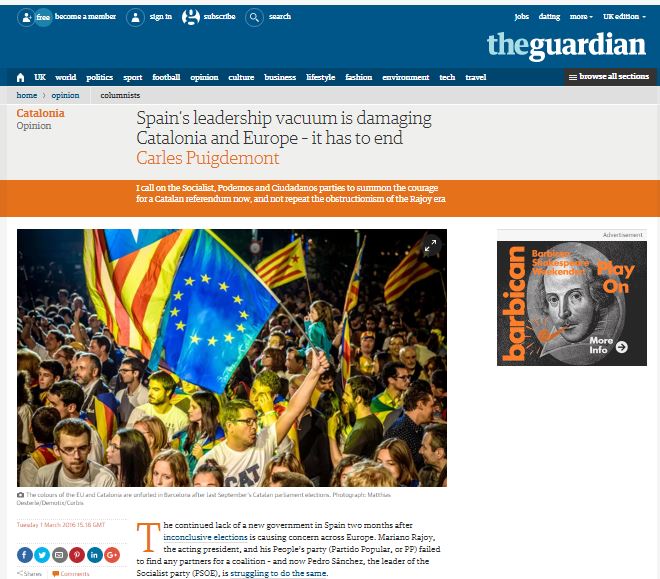 Image of the article written by Catalan President, Carles Puigdemont and published this Tuesday in 'The Guardian' (by ACN)