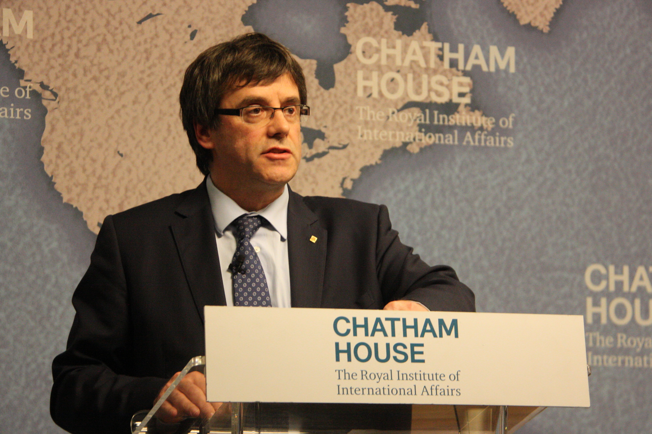 Catalan President, Carles Puigdemont, during his conference 'Mapping a path towards Catalan independence' at London's Chatham House