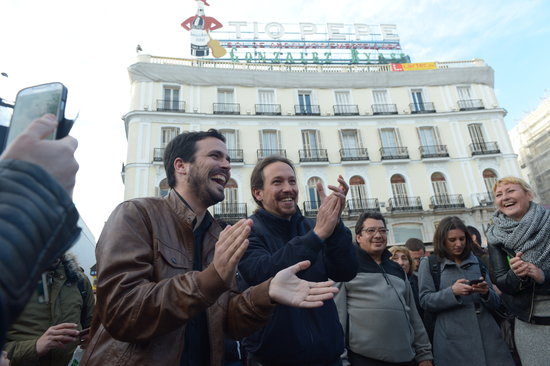 The leader of Podemos, Pablo Iglesias, and the leader of IU, Alberto Garzón, in Madrid (by Podemos)