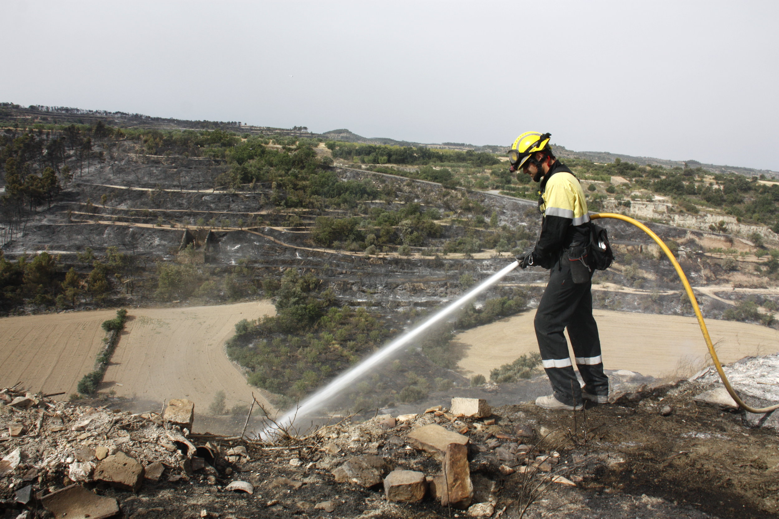 A firefighter extinguishing part of the wildfire which the village of Vallbona de les Monges, this Wednesday (by ACN)