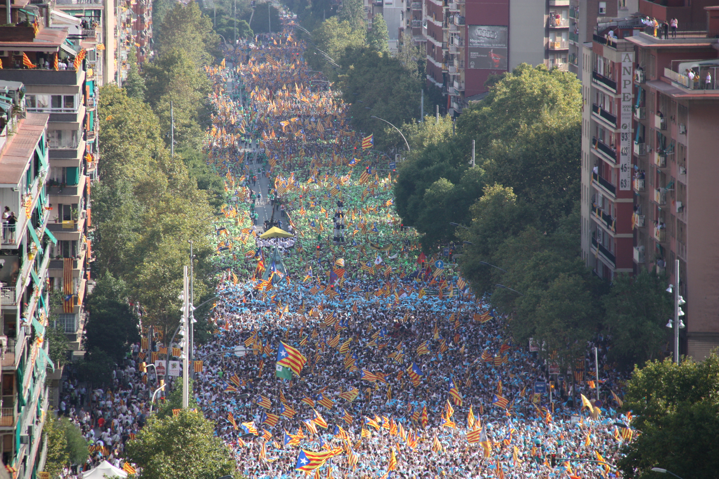 Aerial shot of the 'Gateway to the Catalan Republic', the pro-independence demonstration which gathered together milions of people on Catalonia's National Day, on the 11th of September 2015