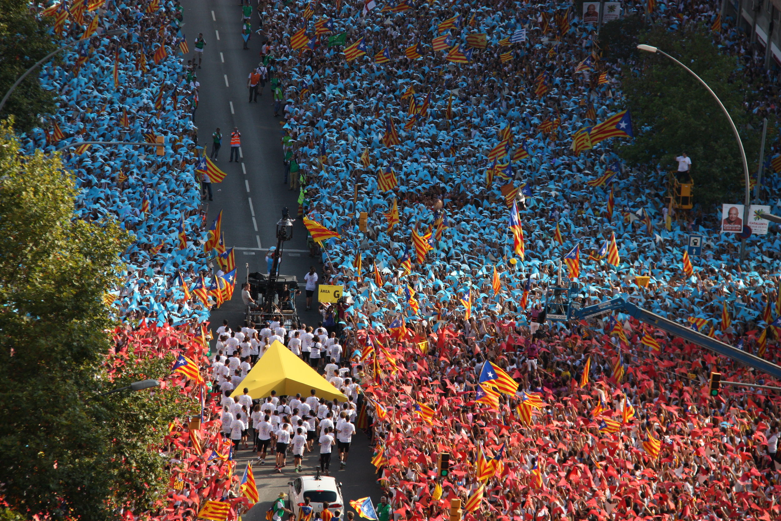 Aerial shot of one of the key moments of the massive demonstration 'Gateway to Catalan Republic' which took place in 2015 Barcelona, on Catalonia's National Day (by ACN)