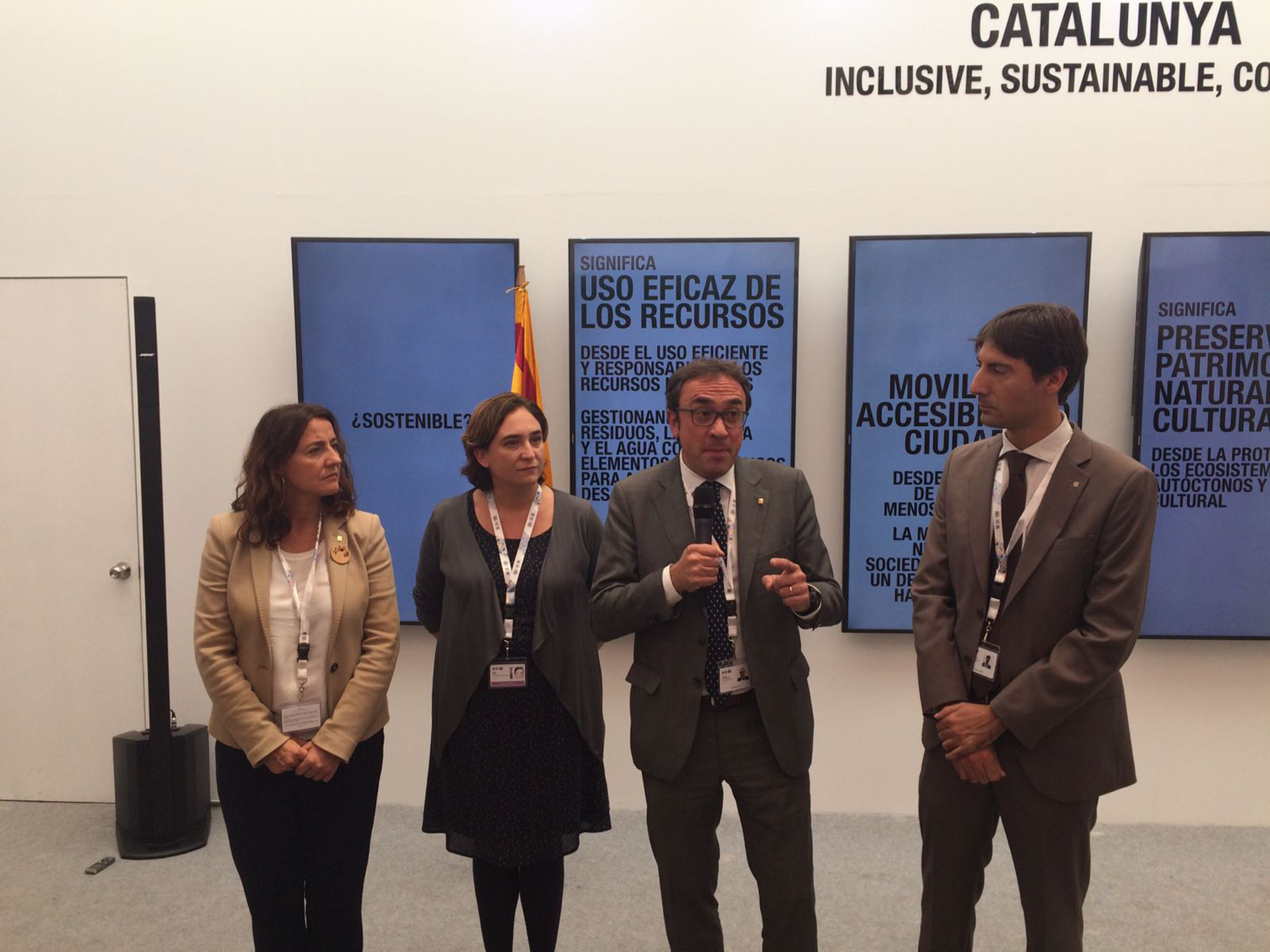  From left to right, the President of Barcelona Provincial Government, Mercè Conesa, the Mayor of Barcelona, Ada Colau; the Catalan Minister for Planning and Sustainability, Josep Rull; and the Catalan Secretary for Foreign Affairs, Jordi Solé, at Habitat