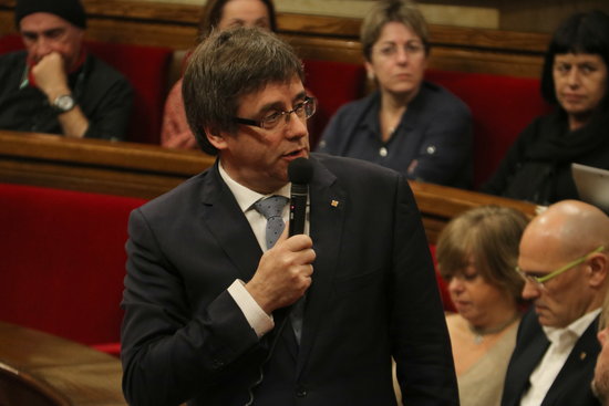 The Catalan President, Carles Puigdemont, answering a question in the Catalan Parliament