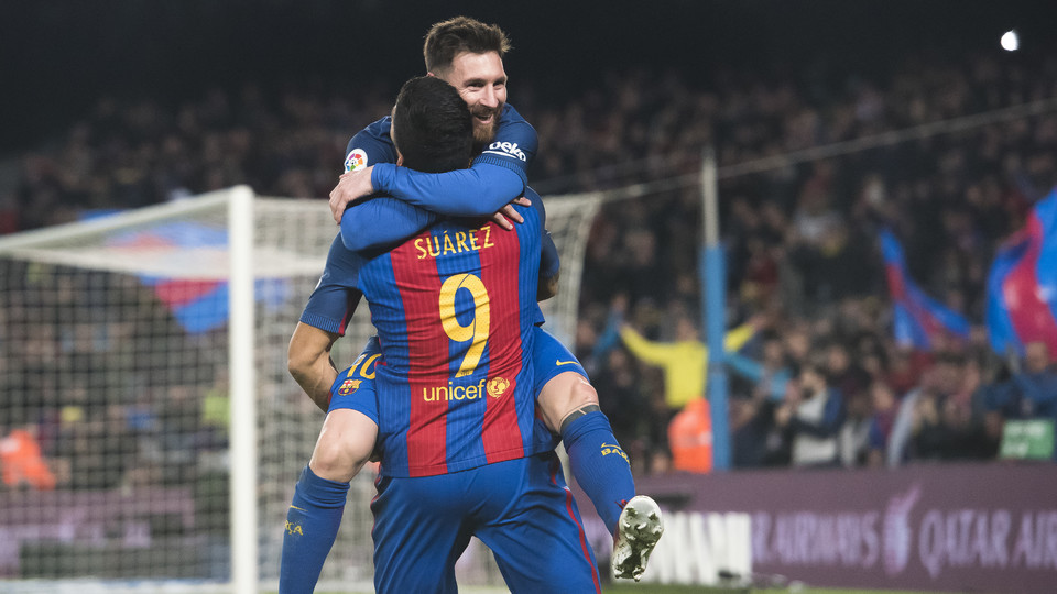Messi and Suárez celebrating in Barça's last home game against Espanyol (by ACN)