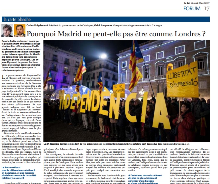 Article published by Catalan President, Carles Puigdemont, and Catalan VP, Oriol Junqueras this Tuesday at 'Le Soir' (by ACN)