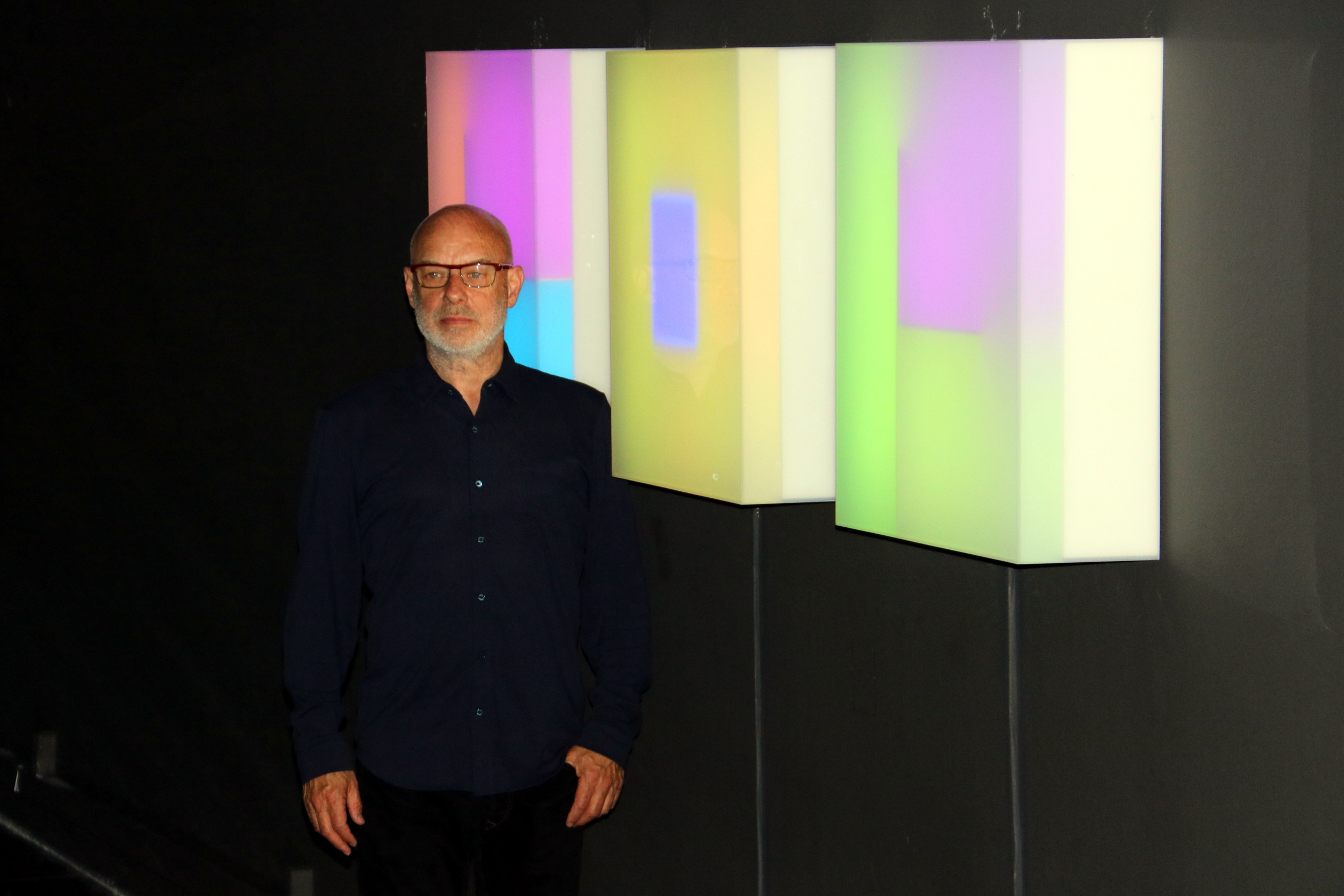 Brian Eno at his exhibition 'Lightforms / Soundforms' at the Arts Santa Mònica, Barcelona (by Pere Francesch)