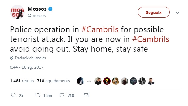 Catalan police tweet about a “possible terrorist attack” in Cambrils (by ACN)