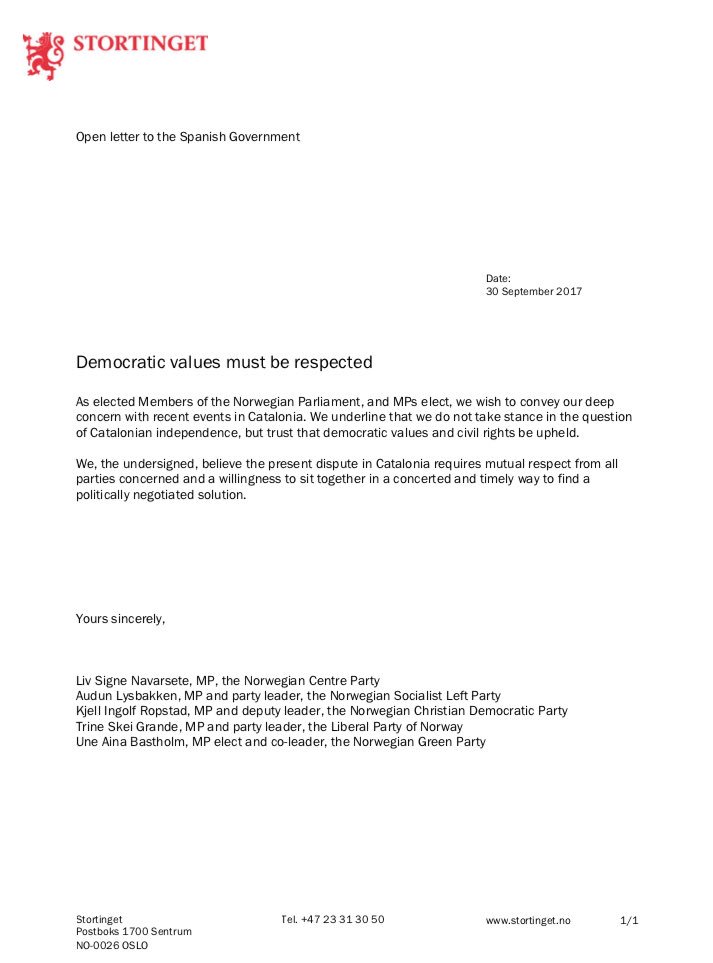 Open letter from Norwegian MPs (Catalan Foreign Affairs Ministry)