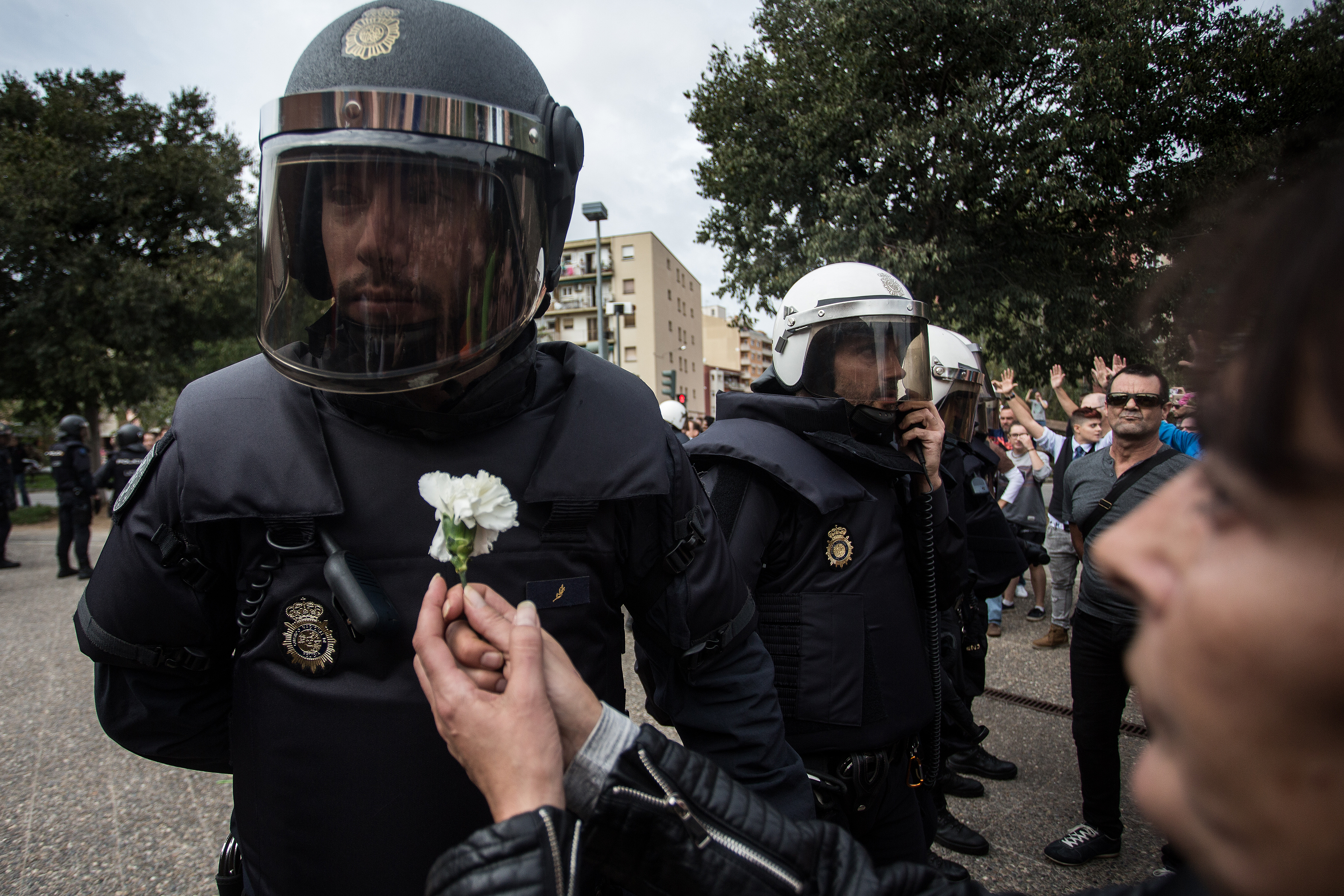 Voter holding a flower in front of a police officer in the October 1 referendum (by Carles Palacio)