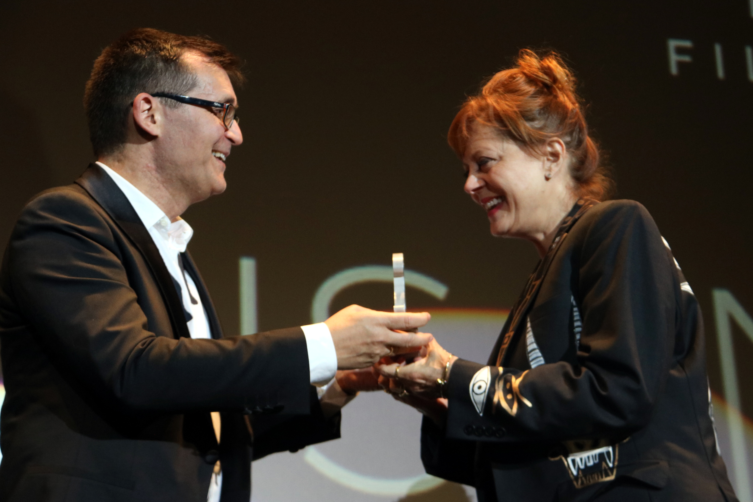 Susan Sarandon accepting the Grand Honorary Award from director of the Sitges Film Festival Àngel Sala, Sunday 8 October