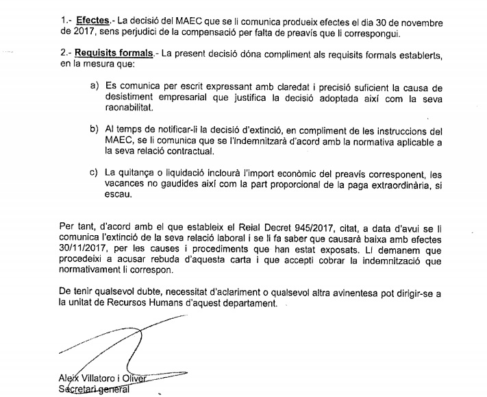 A letter of dismissal to one of the Catalan delegation employees abroad (by ACN)