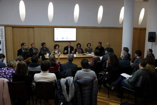 Catalan media representatives at a press conference in Barcelona on Friday (by Guillem Roset)