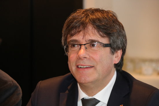 Carles Puigdemont, during a Junts per Catalunya meeting in Brussels on February 5, 2018 (by Laura Pous)