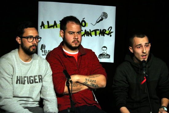 From left to right: Valtònyc, Pablo Hasél, and Elgio, three Hip Hop artists sentenced to prison by Spanish courts (by Jordi Bataller)