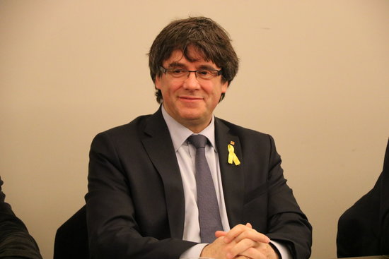 Carles Puigdemont, during a meeting with party members on March 14, 2018 (by Guifré Jordan)