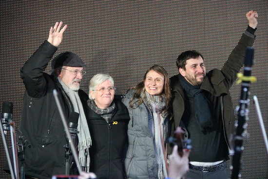 From left to right, deposed Catalan ministers Lluís Puig, Clara Ponsatí, Meritxell Serret and Toni Comín in Brussels on December 7 2017 (by Blanca Blay)